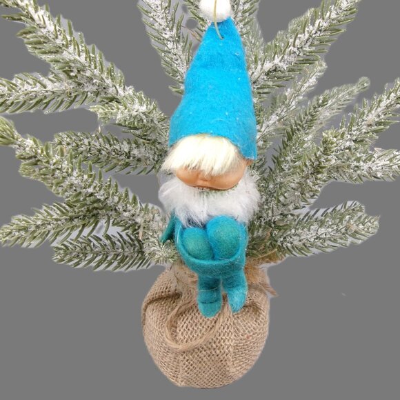 Vintage Blue Pixie Knee Hugger Elf with Hair, Christmas Ornament - Picture 1 of 8